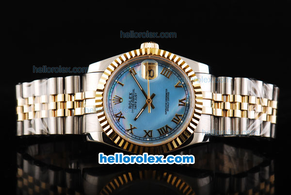 Rolex Datejust Swiss ETA 2836 Automatic Movement Two Tone with Gold Bezel-Blue Dial and Gold Roman Markers-18K Gold Never Fade - Click Image to Close